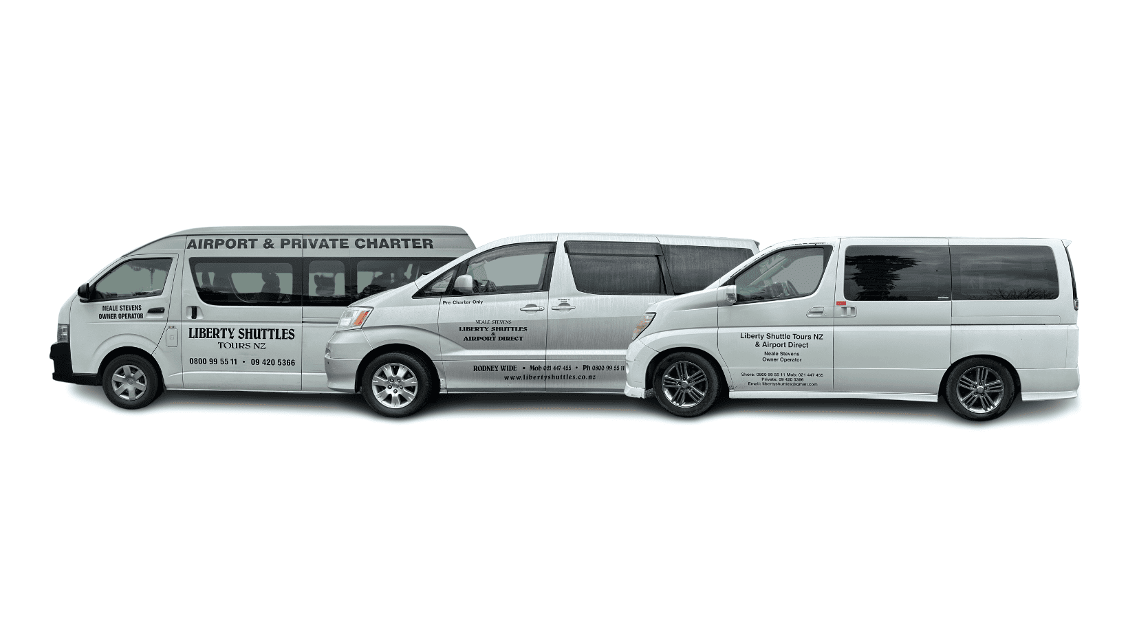 Liberty Shuttles Tours NZ fleet — airport and private charter vehicles